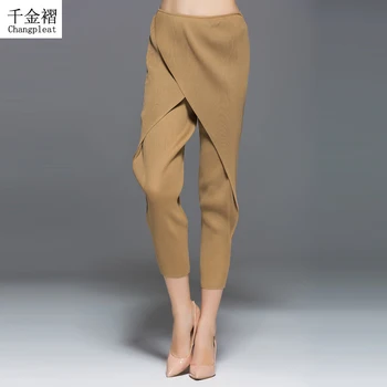 High-end mood naiste püksid Plisseeritud originaalne disain Suured tahke elastne vöökoht murra Pliiats pant Uute tulijate Casual