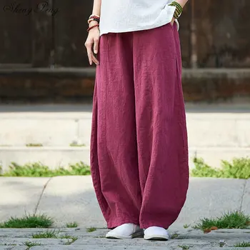 Hiina stiilis naturaalvalge püksid kottis püksid naiste vertikaalsed triibud vabaaja lahti liiga lai jalg püksid V940