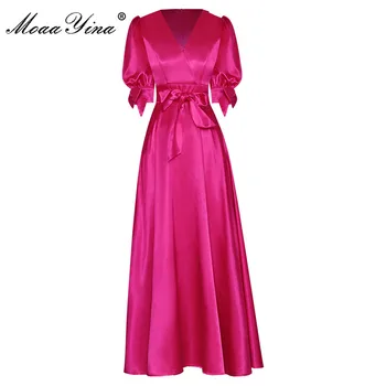 MoaaYina Moe Raja kleit Suvine Naiste Kleit V-kaeluse, Lühikeste varrukate Vöö Kõrge vöökoht värviga peokleidid