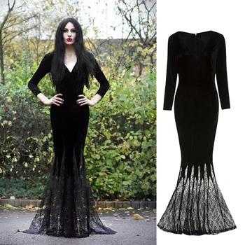Naissoost täiskasvanud goth halloween morticia addams vaimu nõid kostüüm musta põranda-pits kleit rüü purim karneval