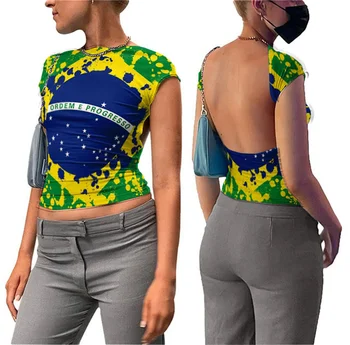 Naiste suvel uus T-särk, naiste suvel lekkiv naba seksikas top. 3D Brasiilia muster, saab kanda kahepoolselt