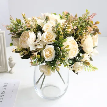 Silk Valge Kunstlik Roosid Lilled Pulm Kodu Sügisel Jõuluehe Suur Kimp Luksus Võltsitud Flower Arrangement Bulk