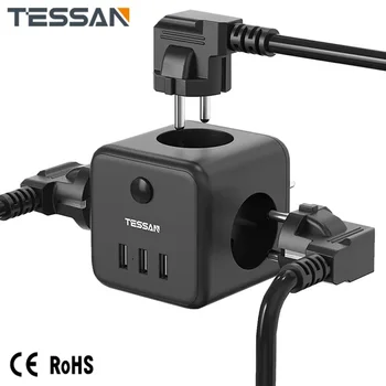 TESSAN Black Cube vooluvõrku Extender Adapter 3 Turustusvõimalusi 3 USB-Porti Mitme Euroopa Plug Power Strip Ülekoormuse Kaitse
