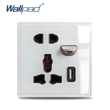 Wallpad L6 EL UK Universaalne Sisse 5 Auku Seina-Pesa USB-Laadimine Sadamas 2.1 Seinakontakti Sinine LED Indikaator, Valge Klaas Paneel