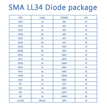 Conjunto de diodos surtidos SMD, 200PCS, 20valor * 10 TK SS110 SS210 SS14 SS16 SS24 SS26 SS34 ES1J ES1D M7 M4 US1M RS1M RS1D... 1